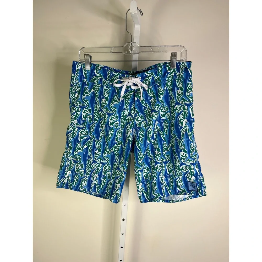 Three Islands 32 Shark Print Board Shorts Blue Green Swim Trunks Preppy Coastal
